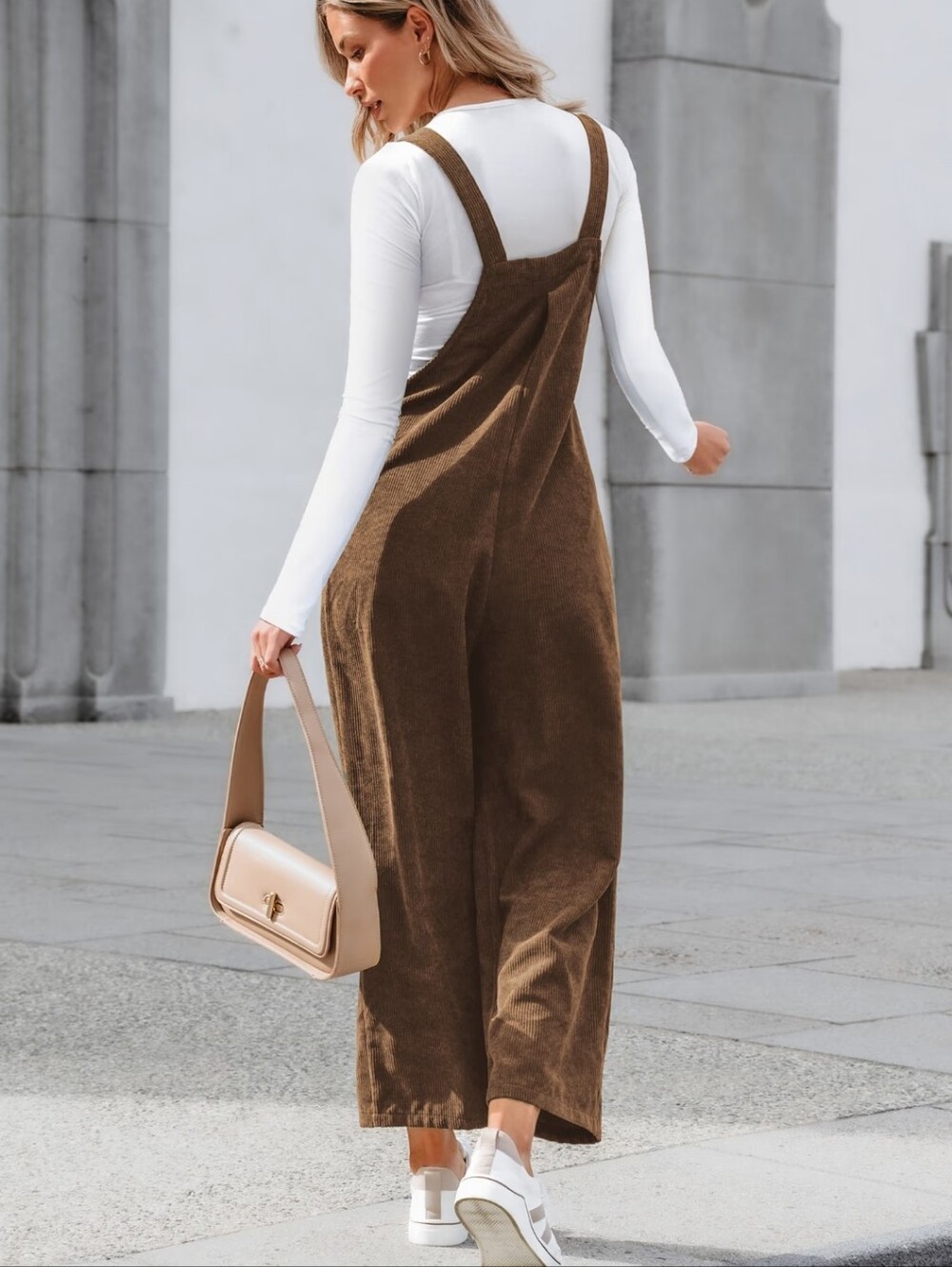 Wide-Leg Corduroy Overalls Jumpsuit in Brown Small - Picture 2 of 3
